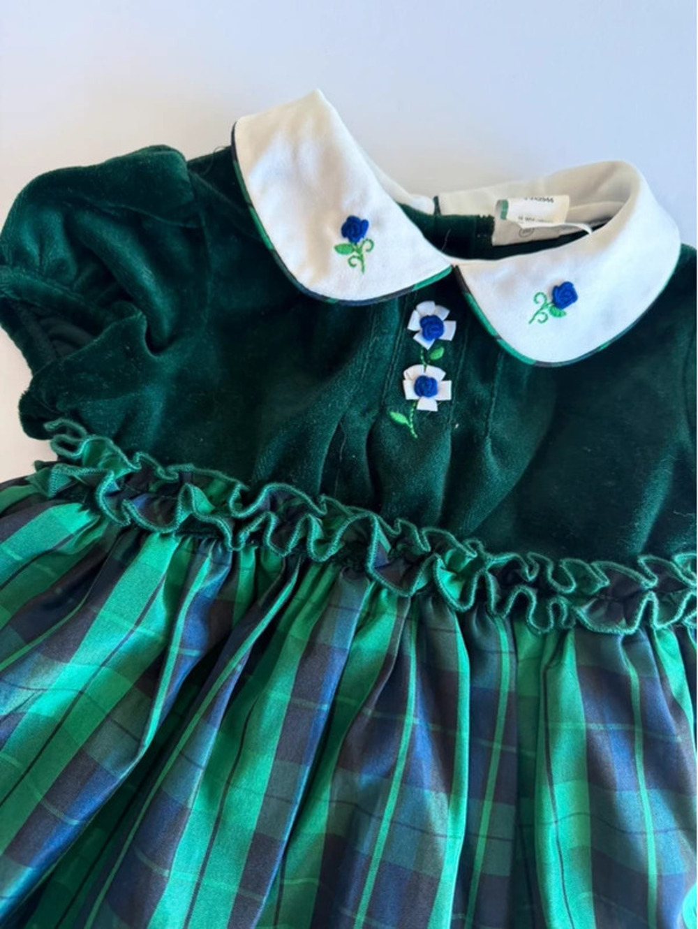 Vintage Little Bitty Baby Girls Green Velvet Plaid Holiday Dress 18M